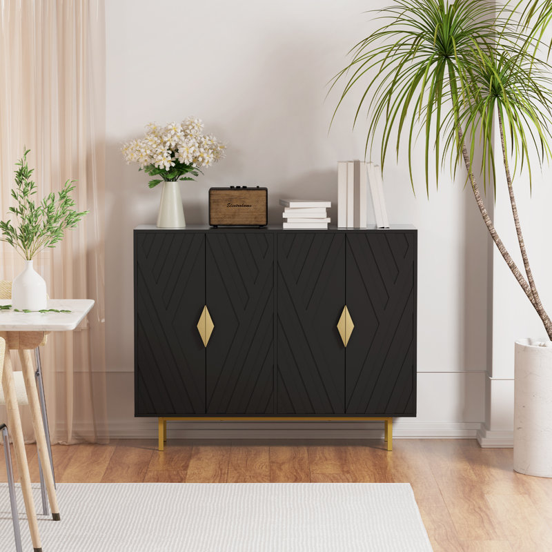 Black MDF Accent Cabinet with Gold Handles and Adjustable Shelving