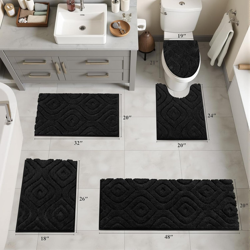 5 Piece Soft Absorbent Microfiber Bath Rug Set With Non-Slip Backing, Black
