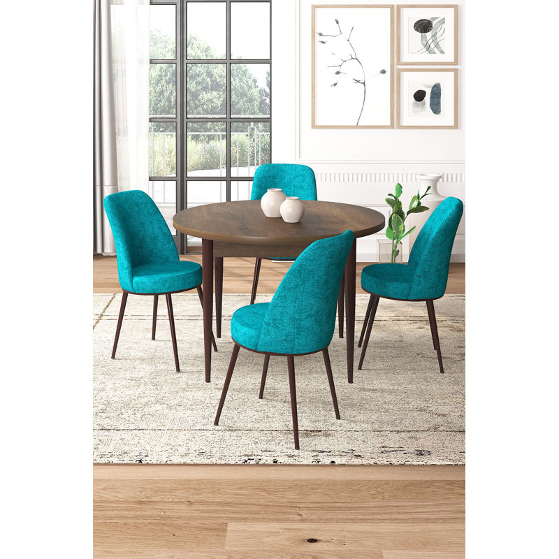 Modern 5-Piece Dining Table & Chairs Set, Baroque & Turquoise | 100% Melamine Coated Chipboard, Table: 35.4 x 29.5 x 35.4 inches | Metal Legs, Jerry Fabric Chairs, Comfortable Foam Seating, Ideal for Stylish Dining Rooms