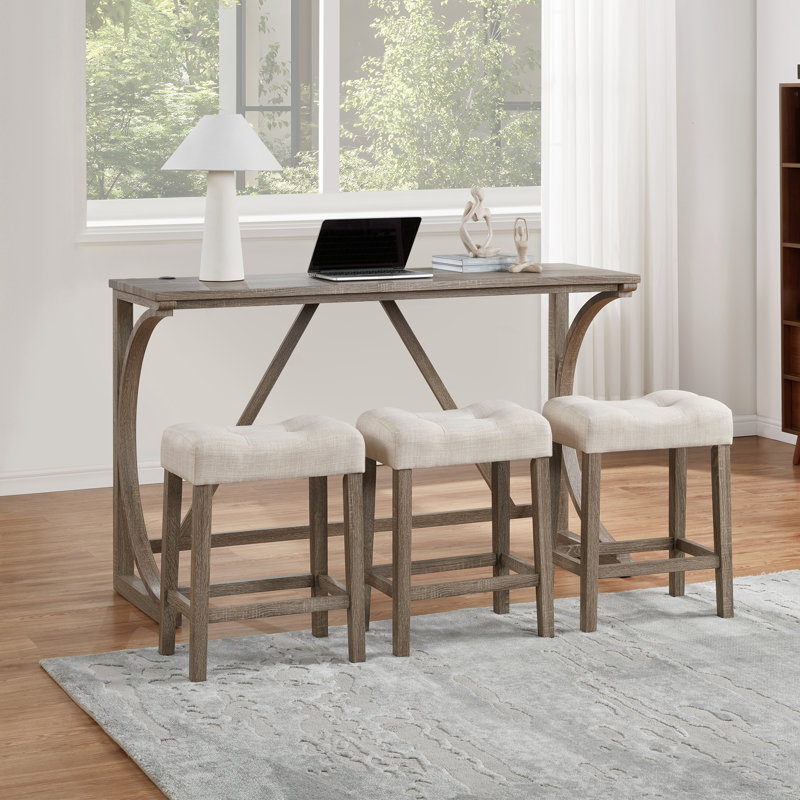 Ensemble de table de bar 4 pièces en bois massif avec charge USB, Crème, crème, Brun / Beige