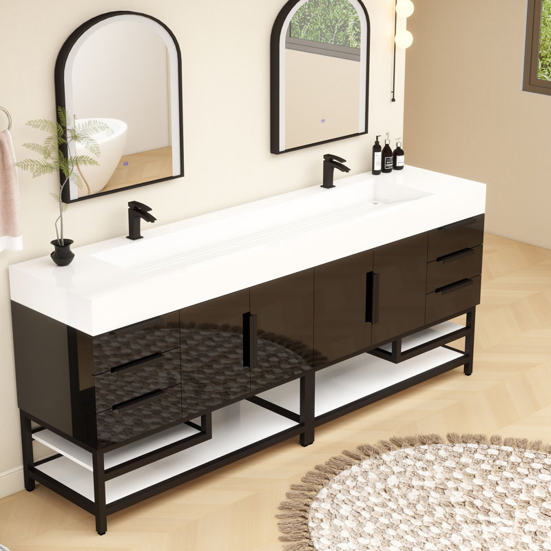 Finition du meuble-lavabo sur pied simple 84 po Jessica / Base: Chêne teck, Noir brillant
