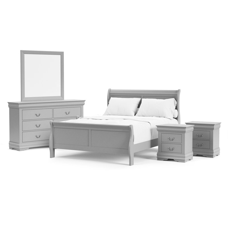 Ensemble de chambre à coucher Emelinda, Gris, Cinq pièces : Lit, 2 tables de chevet, commode, m, Grand