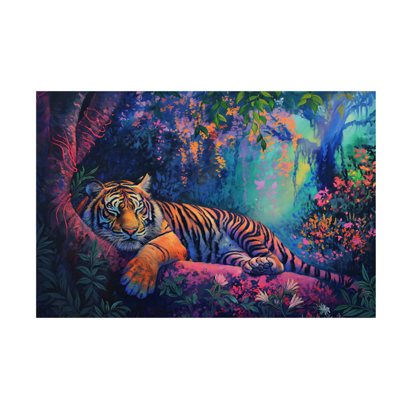 Art mural sur toile tendue - Art mural Wumples «Sleeping Tiger on a Neon Jungle Tree» pour le salon, la chambre à coucher ou le bureau - 30 x 47