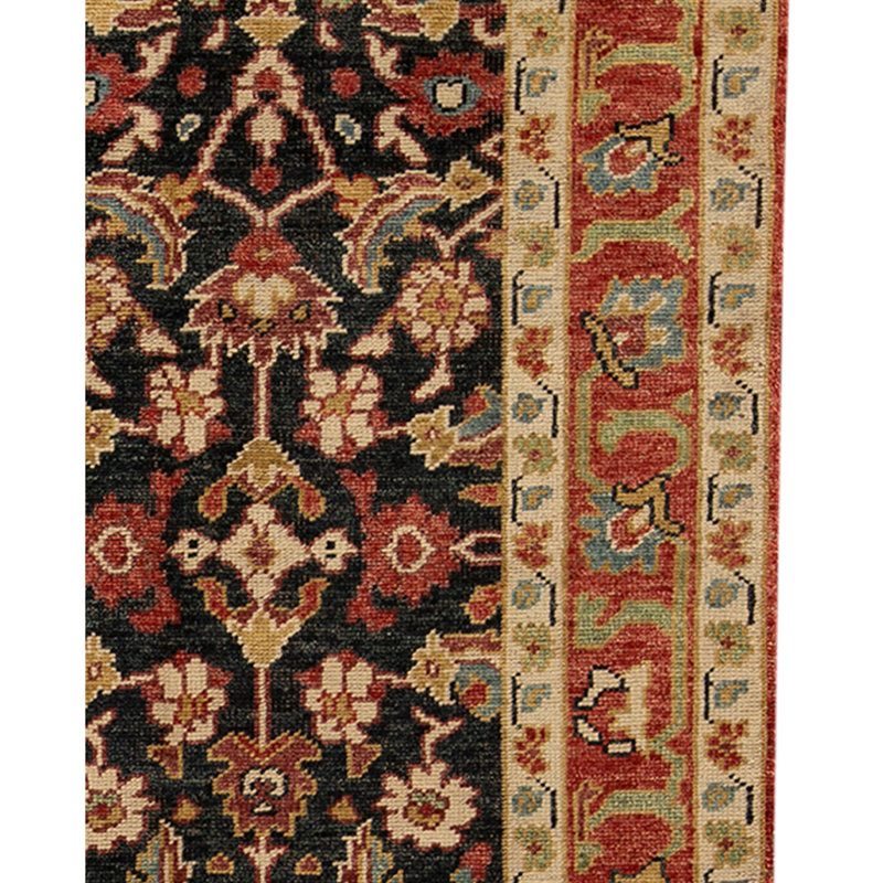 Tapis bleu marine / rouge / brun en laine noué à la main de conception unique 8 pi 10 po x 11 pi 9 po