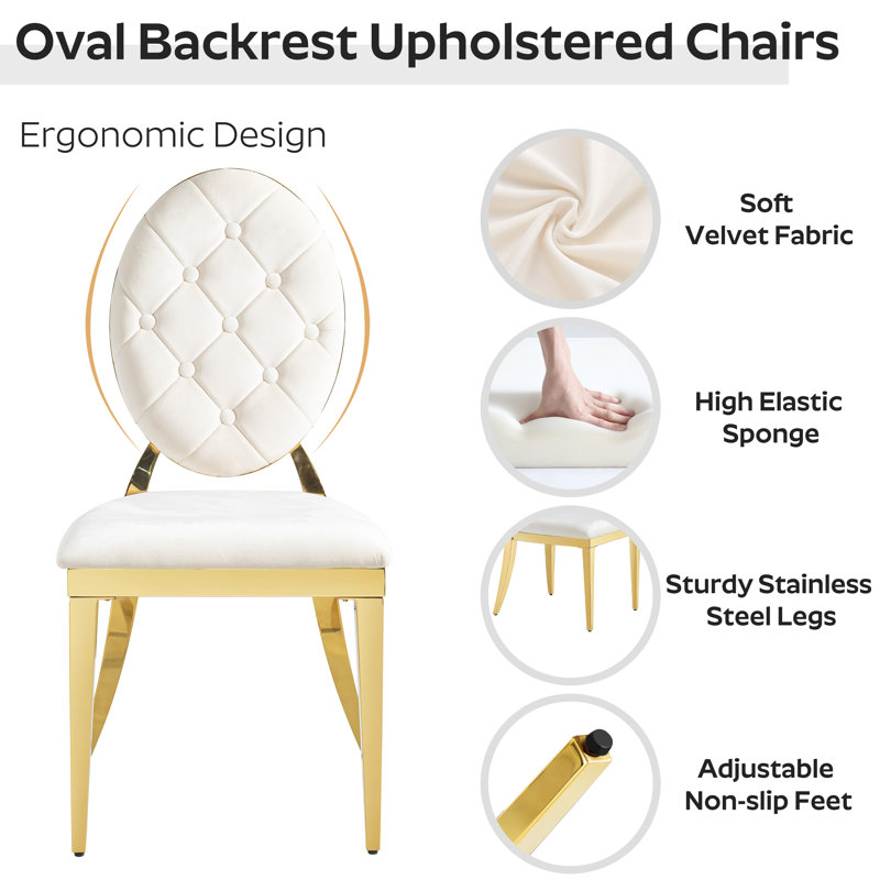 Chaise de salle à manger capitonnée en velours avec pieds en acier inoxydable, 6, Beige, Or