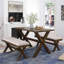 Ensemble de 3 tables de salle à manger en bois rustique avec 2 bancs rembourrés-192392342-192392425