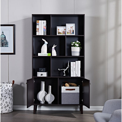 67" Bookcase With Doors, Coffee Color - 3 Shelf To Store Books, Photographs, Bins, Flower Vases, And Decorative Boxes Stores Multiple Categories Of Items Such As Photos, Construction, Waterproof,