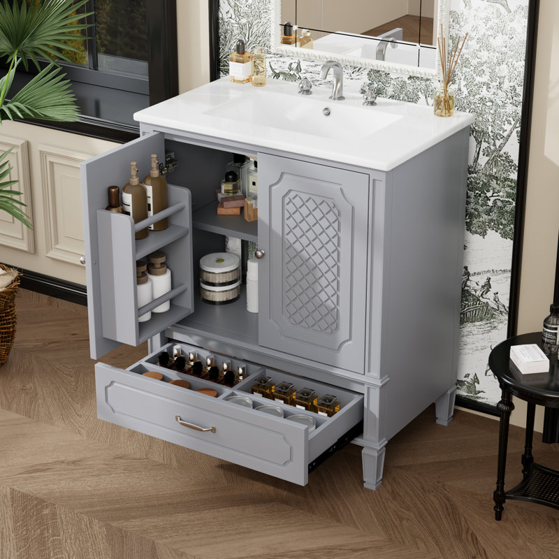 Ensemble de meuble-lavabo simple 30 po avec plateau en céramique, Argent argent, Gris