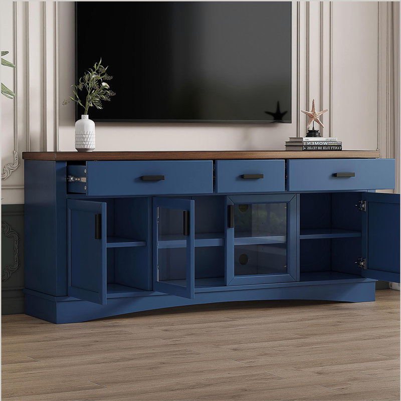 Willowbend Modern Farmhouse TV Stand With Glass Doors, Storage Drawers, And Adjustable Shelves For TVs up to 70'', Blue