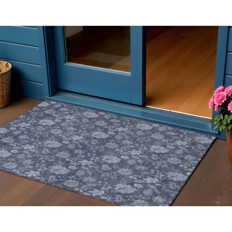 HomeRoots 3' X 5' Denim Blue And Navy Blue Floral Washable Indoor Outdoor Area Rug
