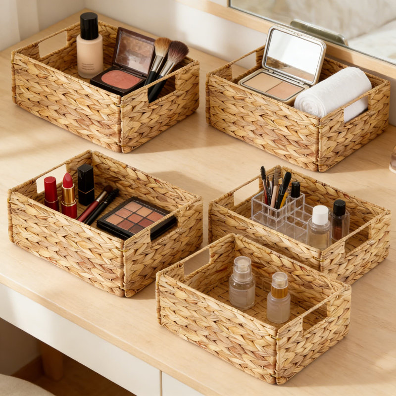 Water Hyacinth Storage Baskets Set Of 6, Handwoven Natural Wicker Organizer Bins With Carrying Handles, Sturdy Rectangular Laundry And Home Decor Baskets For Shelves And Organization