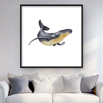 Aquarelle de baleine bleue - reproduction encadrée marine mate