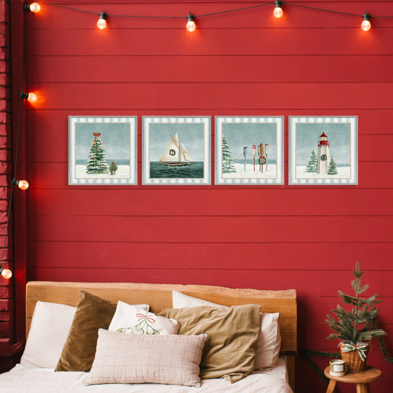 Scène de Noël nautique, ensemble de 4 giclées encadrées, design par Danielle Murray, Estampe numérique Farmhouse