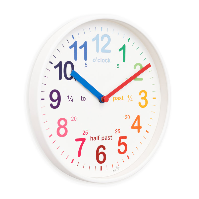 Acctim Wickford Kids Teaching Wall Clock Quartz Rainbow Dial Quarter Markers 20cm, White