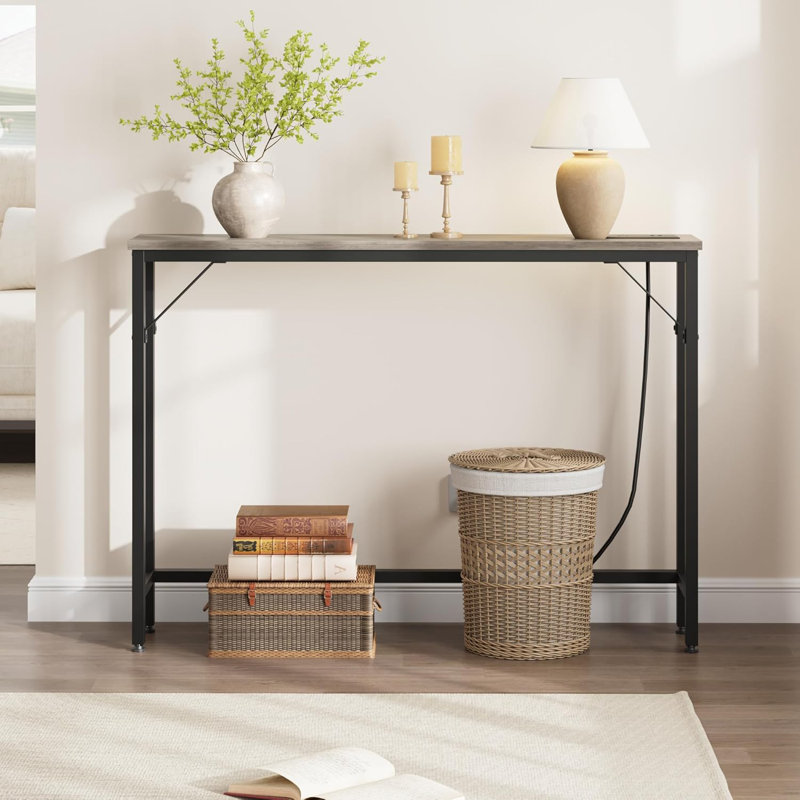 Geron 39.3" Console Table with Power Outlets, Compact Sofa Table with Storage, Gray