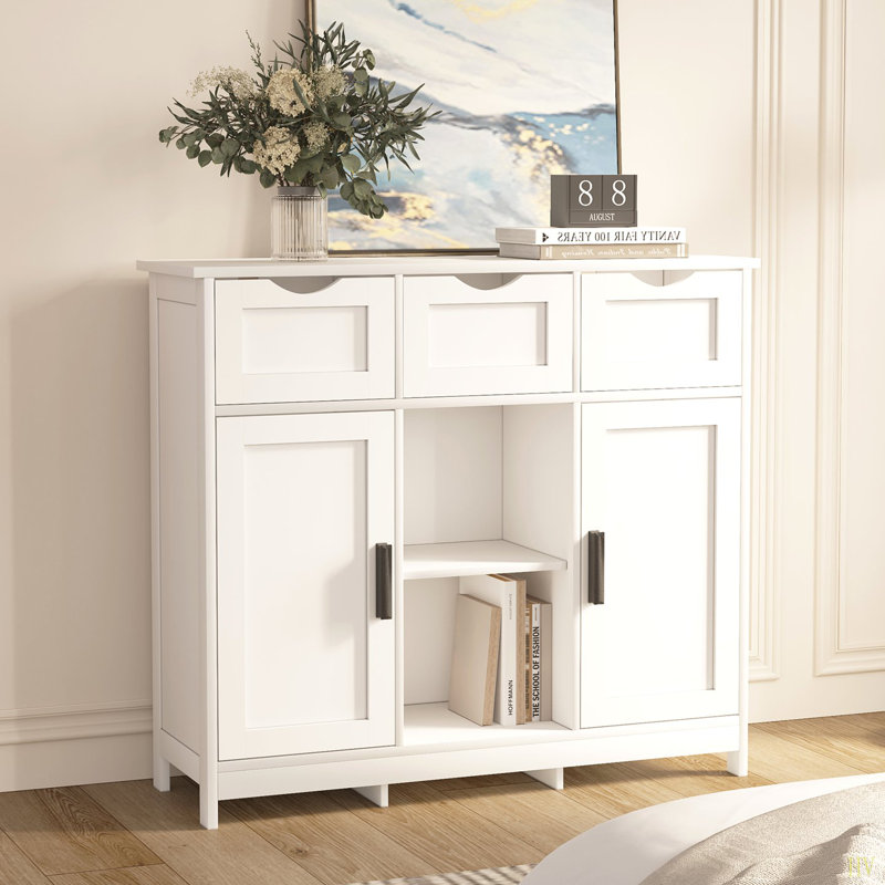 35.4" Wide Sideboard with 3 Drawers and 3 Adjustable Shelves, Cabinet with 2 Doors, Accent Cabinet, White