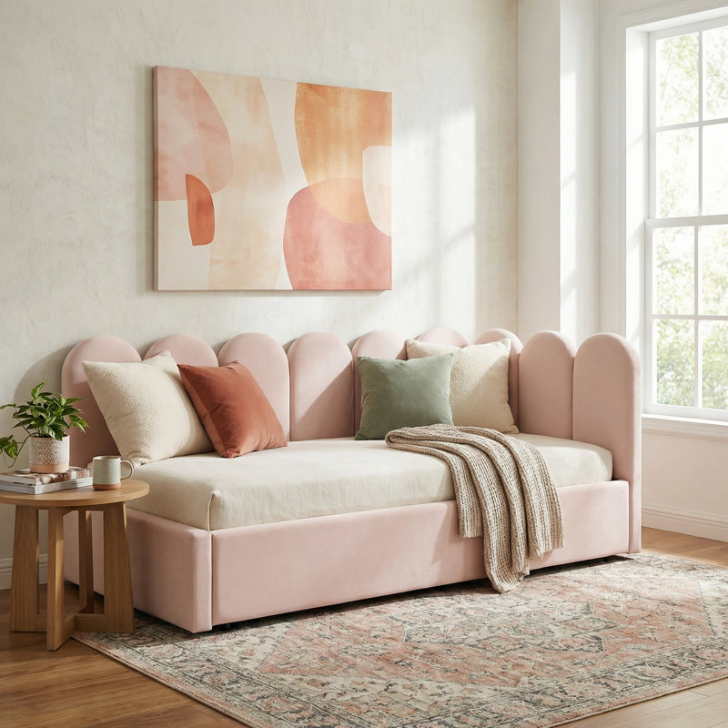 Upholstered Velvet Daybed with Trundle Bed, Pink