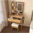 Compact Vanity Table With LED-Illuminated Mirror, Power Outlet, Hairdryer Holder And Stool, Ideal For Small Bedrooms And Cosmetic Organization
