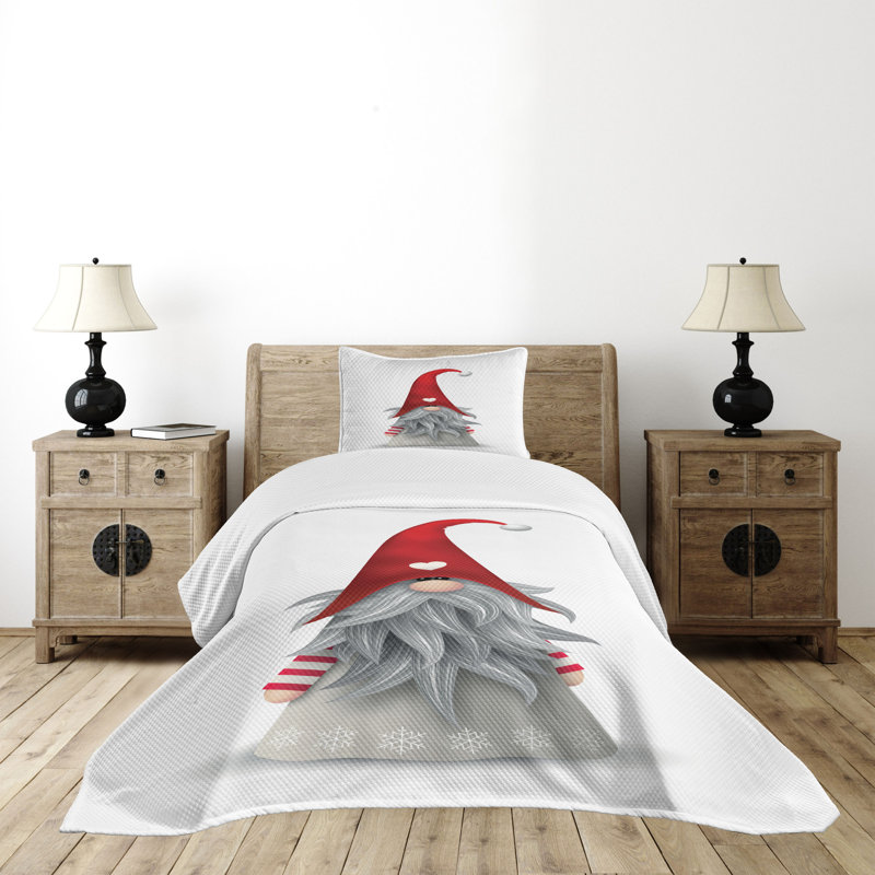 Gray and Red Gnome Twin Bedspread Set with Pillow Sham