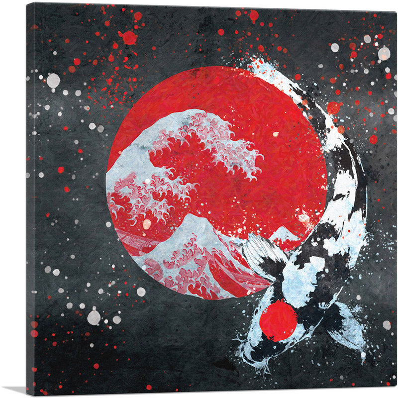 Ying Yang Koi, carpe, poisson, drapeau japonais, Kohaku, impression sur toile tendue, H 18 po x l 18 po x 1,5 po