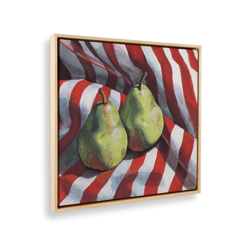 «Deux poires sur un tissu rayé» par Kate Jarvik Birch, reproduction d'art, 20 W x 20 H, Maple, Framed Canvas