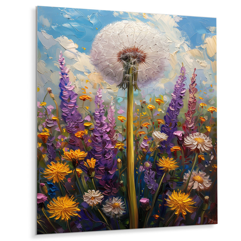 Pissenlit blanc blanc mauve d'été I - art mural pissenlit, H 30 po x l 40 po, Métal métal