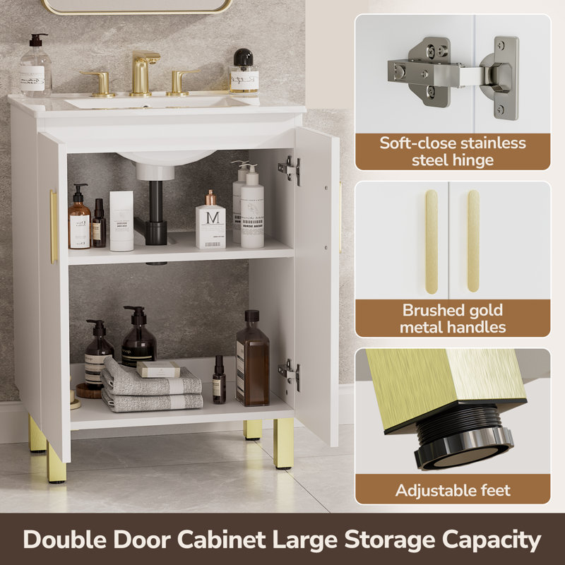 24" Single Bathroom Vanity with Ceramic Sink, Free-standing Vanity with Storage Cabinet, White
