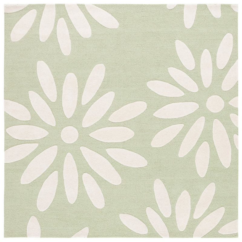 Tapis beige / vert en laine touffeté à la main à motif géométrique Sveva, Carré 6 po