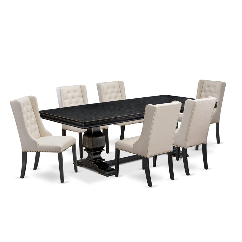 Cet ensemble de salle à manger 7 pièces comprend une table de petit-déjeuner et 6 chaises parsons en tissu de lin crème avec dossier capitonné - noir sablé.
