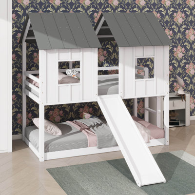 House-Style Twin-Over-Twin Bunk Bed With Slide And Window Features