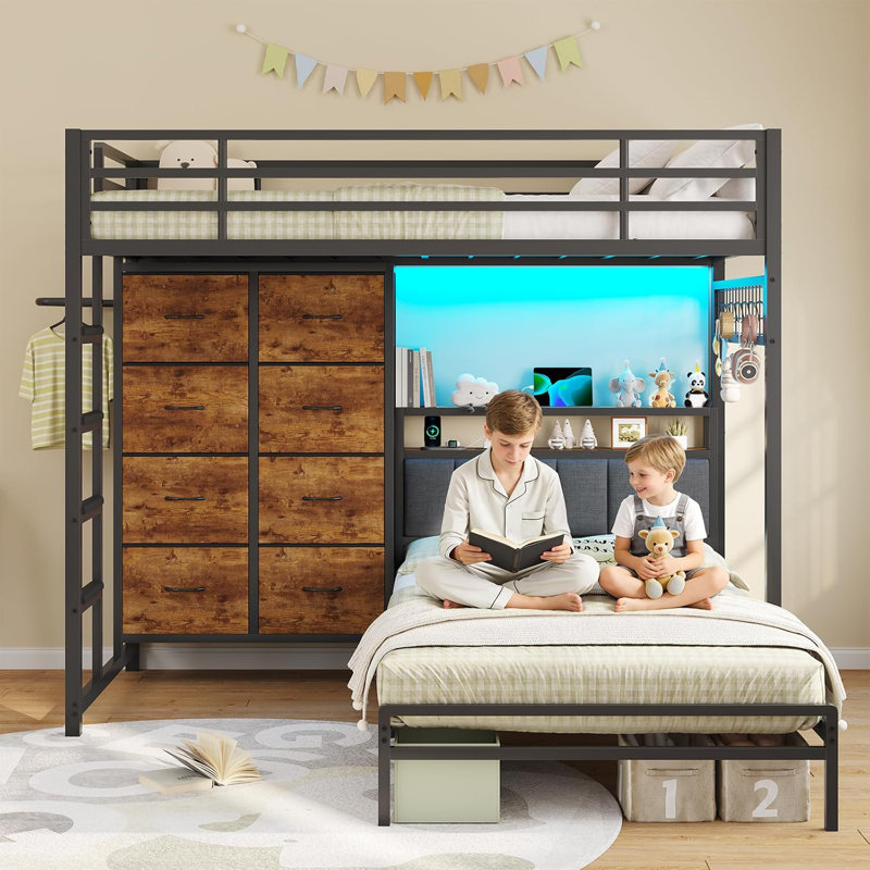 Twin Over Twin Bunk Bed With 8 Storage Drawers, Charging Station And Led Lights, L-shaped Metal Bunk Beds With Storage Headboard, Modern Twin Loft Beds With Safety Guardrail And Ladder