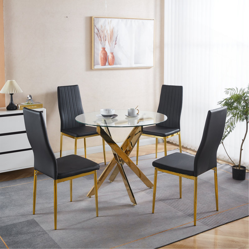Ensemble de salle à manger 1 + 4,5 pièces, table de salle à manger Mid-Century pour 4 personnes avec plateau en verre, table de salle à manger à piédestal, table basse de loisirs.