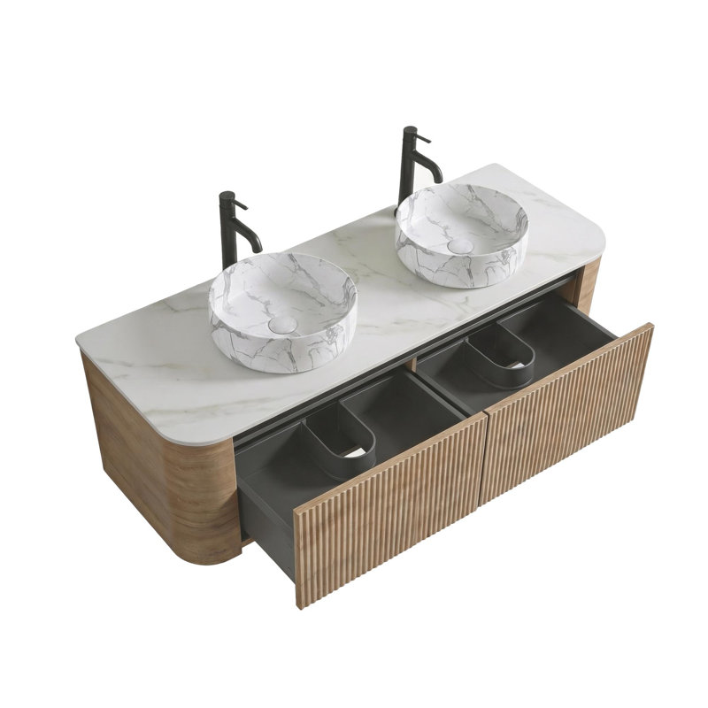 Meuble-lavabo double en céramique, Honey Oak, 71" W