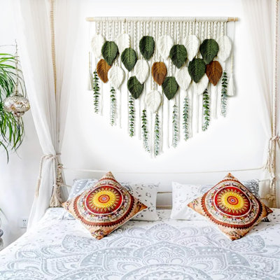 Grande tenture murale en macramé, décoration murale bohème, fausses feuilles et tiges de verdure, décoration murale rustique bohème faite main en feuilles et plumes pour chambre, salon, appartement, mariage, fête (feuille)