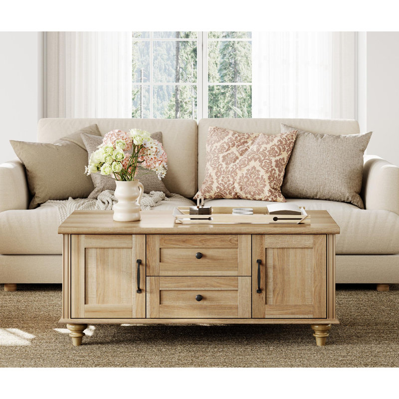 Rustic Wooden Coffee Table With Storage Cabinet, Oak Top/Oak Base