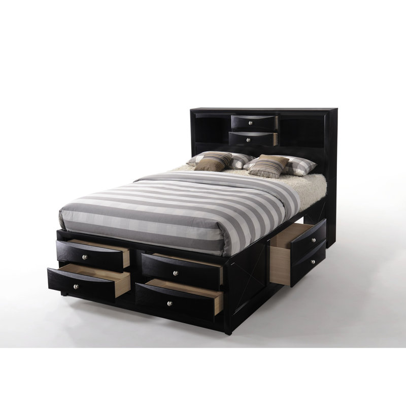 Lit double à finition noire avec capacité de rangement, modèle - 8 tiroirs, sans sommier, méthode de travail en bois