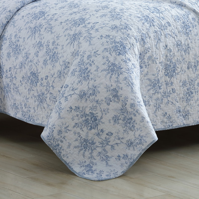 Laura Ashley Walled Garden Cotton Reversible Quilt Set, Twin Quilt + 1 Standard Sham, Blue