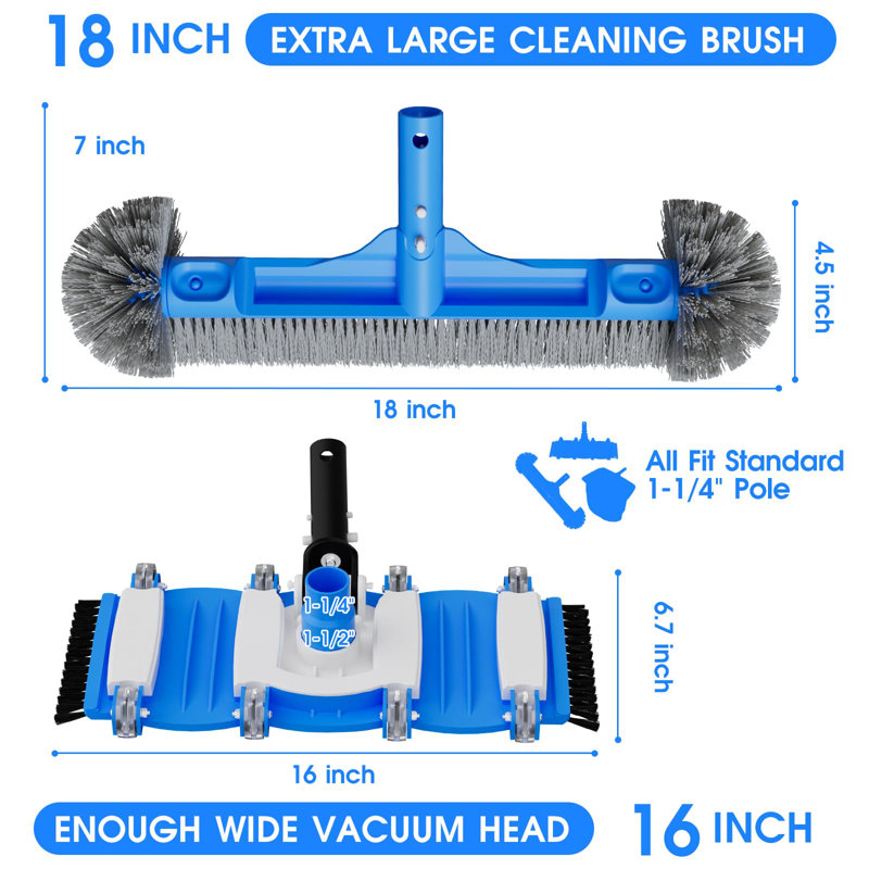 3-In-1 Pool Cleaning Kit Full Set - 18In Rounded End Pool Brush & Ergonomic Pool Vacuum Head With Wheels& Pool Nylon Net Fine Mesh For Above Ground In-Ground Pools, Spas, Hot Tubs