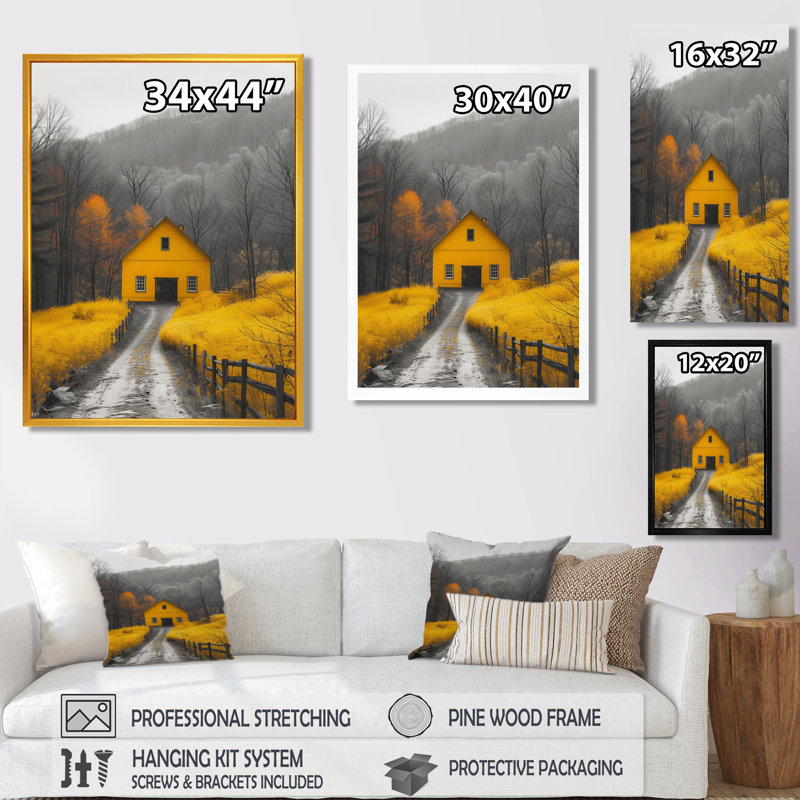 Décoration murale grange jaune jaune automne Vista II - grange, Toile tendue, H 32 po x l 24 po x P 1 po