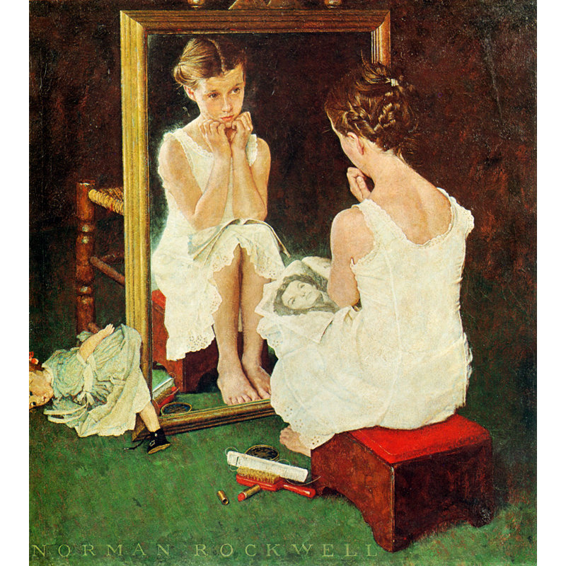 «Girl at the Mirror» par Norman Rockwell, toile tendue avec châssis, H 24 po x l 17 po