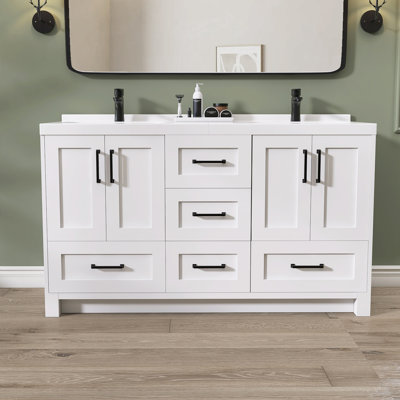 Ensemble de meuble-lavabo autoportant à double cuve en bois massif avec plateau de rangement blanc avec dessus de comptoir en bois massif routenberg