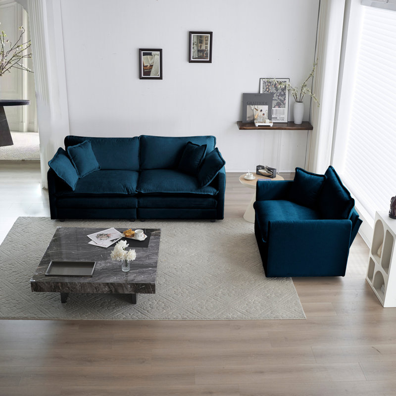 Et chaise en chenille bleue, fabrication en bois massif, sièges confortables pour 2 pièces de qualité, mobilier de chambre élégant