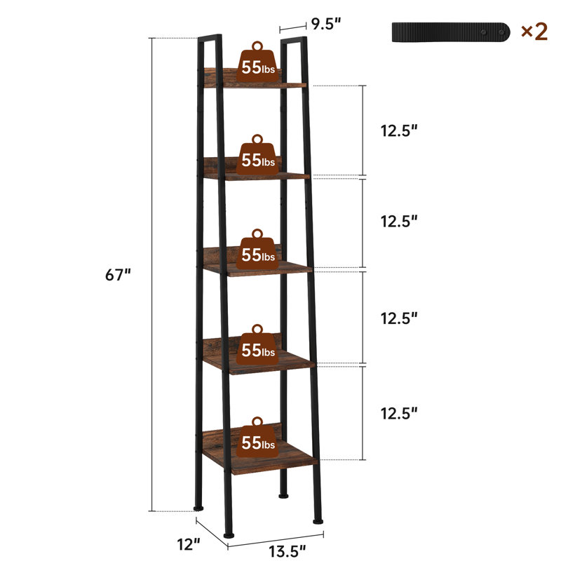 Ladder Bookcase, 5 Tier 13.5" Wide Steel Frame Storage Shelf, Anti-Tip, Brown