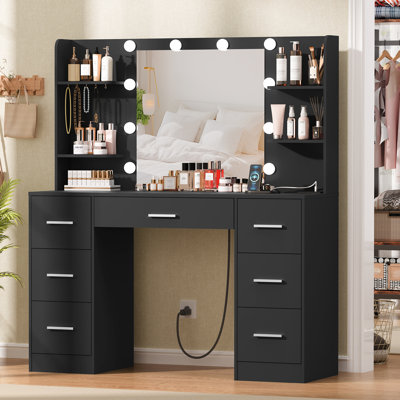 Camyla Makeup Vanity Table with LED Lighted Mirror, Power Outlet,7 Drawers,4 Shelves,5 Jewelry Hooks by Latitude Run