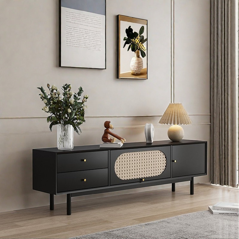 Meuble télé en bois massif de style japonais, Noir 1, 62.99"