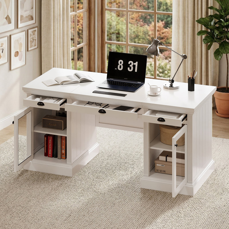 67.8" Farmhouse Spacious Desktop Executive Desk with Drawers, File Cabinet and Power Outlets, Glass Door