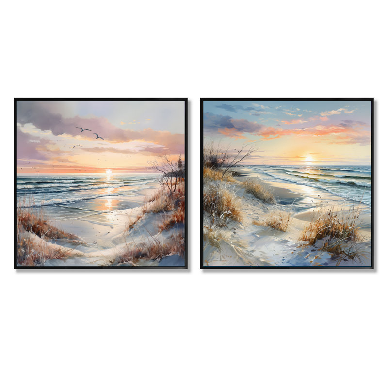 Beach Sunset Charm In Winter II - Coastal Sunset, Cadre flottant noir, H 36 po x l 73 po