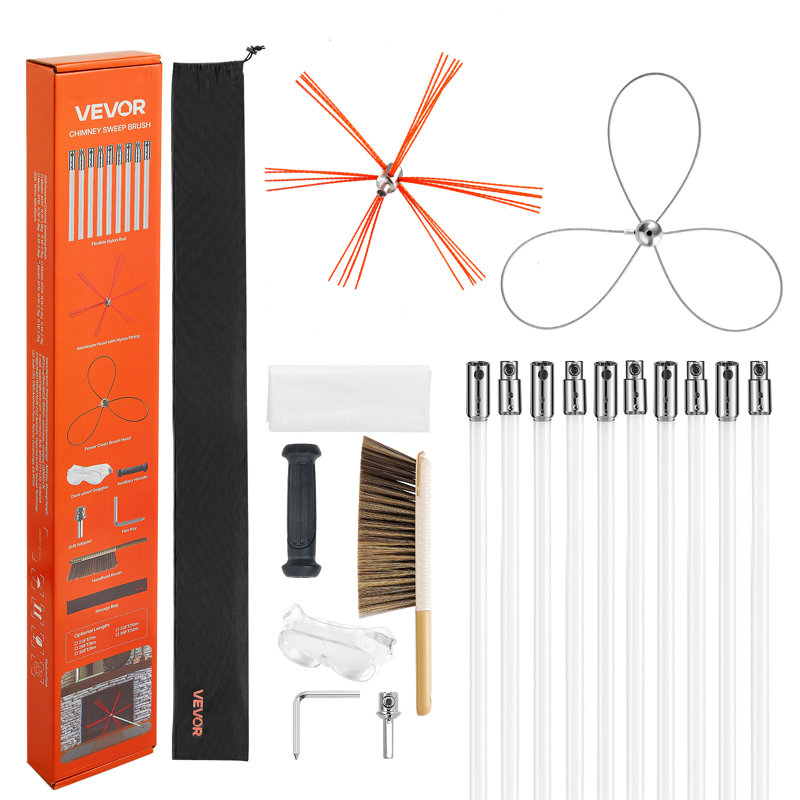 Chimney Sweep Kit, 33 ft Maximum Extendable Length Chimney Brush, Chimney Cleaner Sweeper with Dual Brush Heads, Brush & Goggles, Fireplace Cleaning Tool for Square, Rectangle, Arch Chimneys