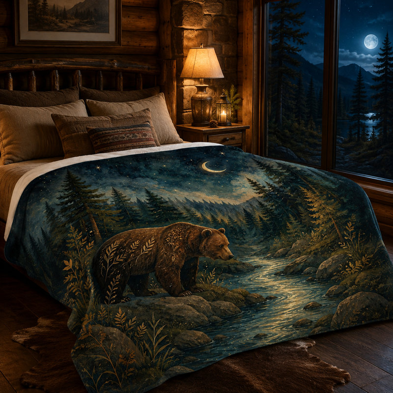 Couverture en flanelle Crescent Moon Bear avec motif Forest Creek et Starnight Night, bleu sarcelle foncé, idéale pour canapé, lit, chalet, coin lecture ou espace détente, 152 x 203 cm