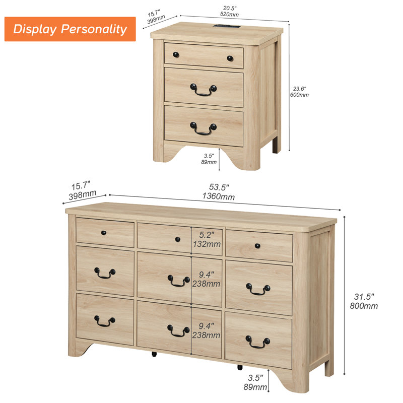Ensemble de commode et de table de chevet 2 pièces 2 tiroirs Modern Modern, commode en bois, table de bout avec station de charge